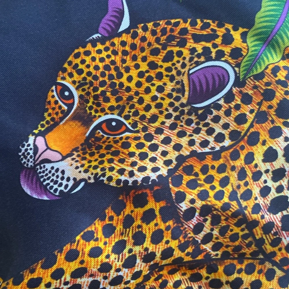 African Design Large, Purple & black silk scarf with elephant, leopards flowers